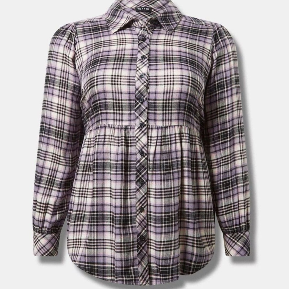 Torrid Brushed Acrylic Flannel Tie Back Button Up Tunic Purple Plaid Size 0 L/12